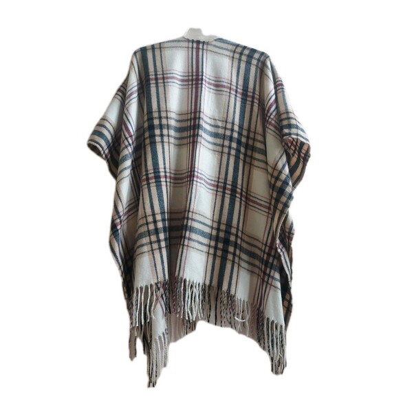 Woolrich Womens Tan Plaid Poncho Open Front Wrap Fringe Shawl Cape One Size - Picture 2 of 5
